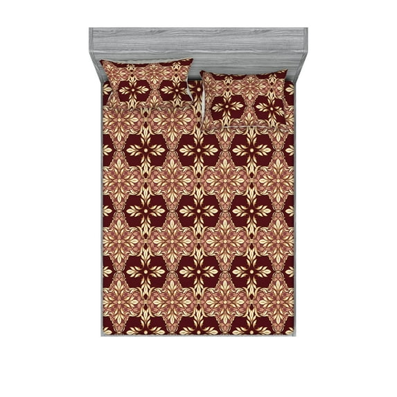 Damask Fitted Sheet & Pillow Sham Set, Royal Vintage Floral Design Flourishing Swirly Branches in Pale Ruby Details, Decorative Printed 3 Piece Bedding Decor, Queen, Maroon Sand Brown, by Ambesonne