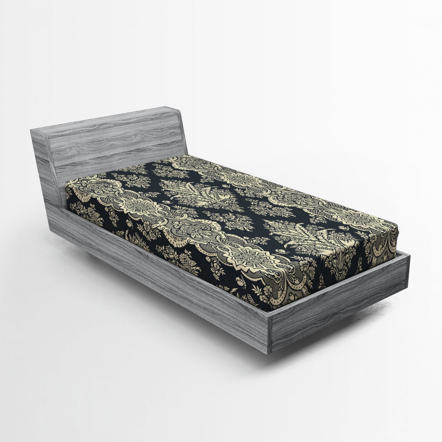 Damask Fitted Sheet, Victorian Style Baroque Classic Pattern with