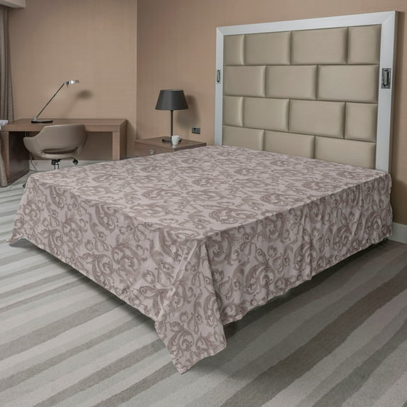 Ambesonne Damask Flat Bedding Sheet Soft Top Sheet, Earthy Art of Floral Baroque, Queen, Warm Taupe and Dusk