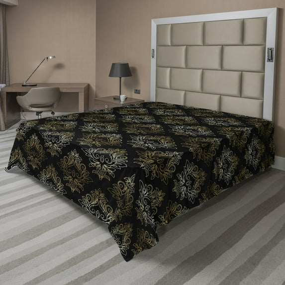 Ambesonne Damask Flat Bedding Sheet Soft Top Sheet, Oriental Floral Boho Design, California King, Charcoal Grey Amber