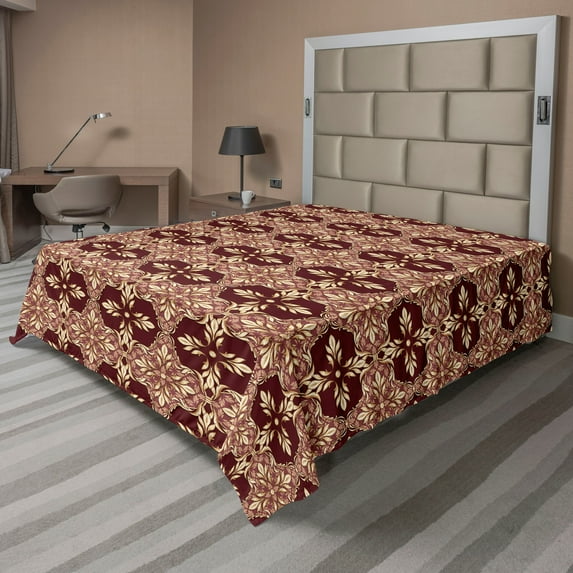 Ambesonne Damask Flat Bedding Sheet Soft Top Sheet, Vintage Floral Design Swirls, California King, Maroon Sand Brown
