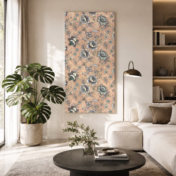 Damask Florals Canvas Wall Art, Beige Gray Ornate Vines Buds Pale Ochre Background Framed Canvas Wall Decor Picture Print Artwork Decorations for Living Room Office Ready to Hang 48" x 24"
