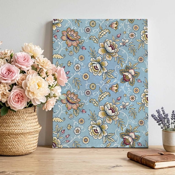 Damask Florals Canvas Wall Art for Living Room, Retro Yellow Ornate Vines Buds Sky Blue Background Poster Print Painting for Bedroom Office Home Decoration Wall Pictures Prepare To Hang 8"x10"