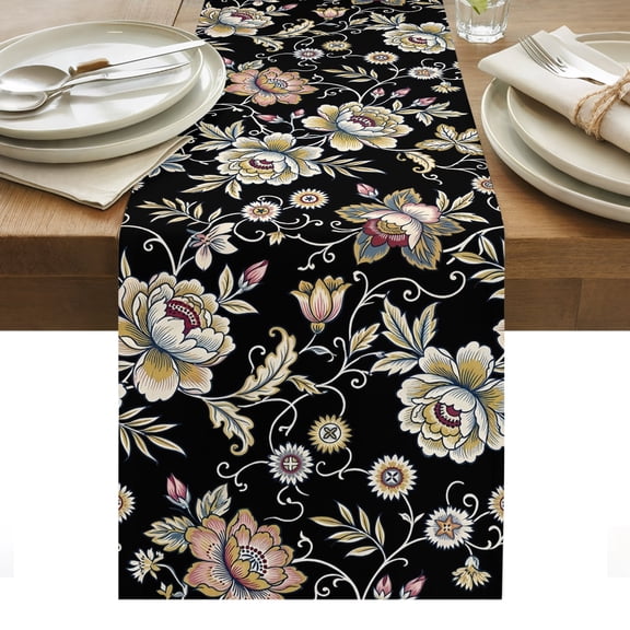 Damask Florals Cotton Linen Table Runner Retro Flower Yellow Ornate Vines Buds Black Background Dining Table Runners for Home Decor Party Dining Room Restaurant Kitchen Party 13" x 36"