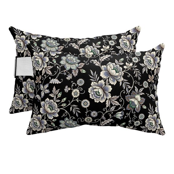 Damask Florals Outdoor Pillows for Chaise Lounge Chair Beach Headrest Pillow Set of 2 Waterproof Lumbar Pillows with Insert&Strap Vintage Flowers Daisy Leaves Rustic Black Pool Pillow 12"x20"