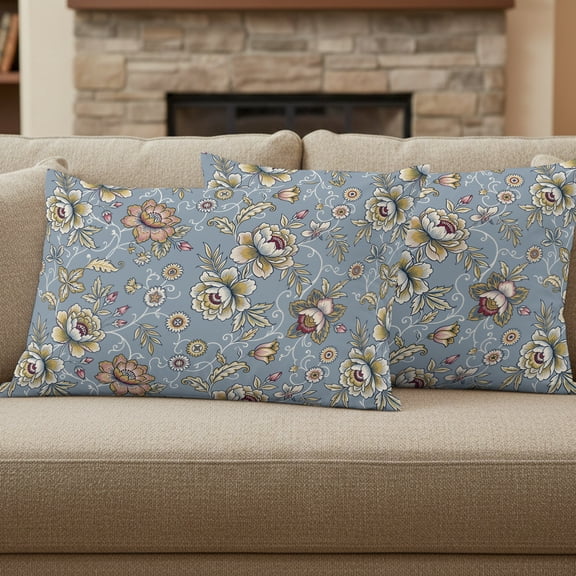 Damask Florals Pillow Covers Set of 2, Yellow Ornate Vines Buds Pattern Dusty Blue Background 12x20 Inch Decorative Throw Pillow Covers Soft Pillowcases with Zipper for Couch Sofa Bed Chair