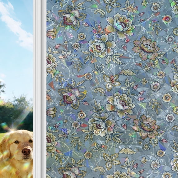 Damask Florals Rainbow Window Privacy Film, Yellow Ornate Vines Buds Pattern Dusty Blue Background Stained Glass Window Film, Sun Blocking Glass Clings Non Adhesive Door Stickers 17.7 x 39.3 Inches