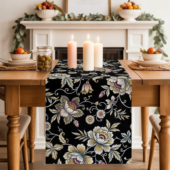 Damask Florals Table Runner 13x36 Inch Retro Flower Yellow Ornate Vines Buds Black Background Cotton Linen Dining Table Runner Ideal for Dresser Kitchen Coffee Tables - Machine Washable