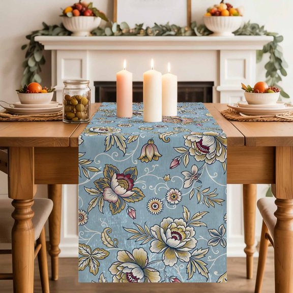 Damask Florals Table Runner 13x36 Inch Retro Yellow Ornate Vines Buds Sky Blue Background Cotton Linen Dining Table Runner Ideal for Dresser Kitchen Coffee Tables - Machine Washable