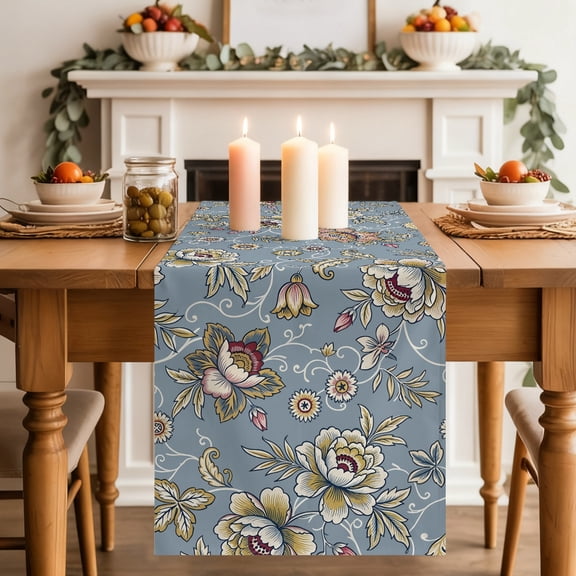 Damask Florals Table Runner 13x48 Inch Yellow Ornate Vines Buds Pattern Dusty Blue Background Cotton Linen Dining Table Runner Ideal for Dresser Kitchen Coffee Tables - Machine Washable