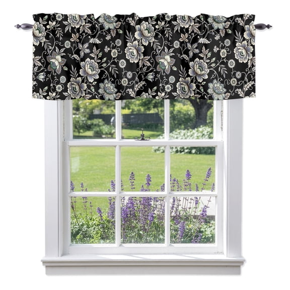 Damask Florals Valance Curtain 1 Panel, Retro Flower Gray Ornate Vines Buds Black Background Kitchen Valance with Rod Pocket Window Treatment Short Curtains for Bathroom Bedroom, 54 x 18 Inches