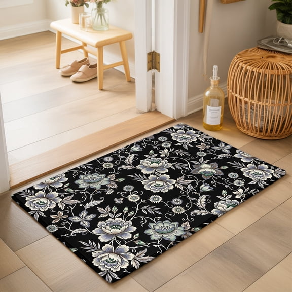Damask Florals Washable Small Entryway Area Rugs 2'x3', Retro Flower Gray Ornate Vines Buds Black Background Washable Throw Rug Non-Slip Sturdy Edge Binding Carpet for Front Door Floor Room Entry