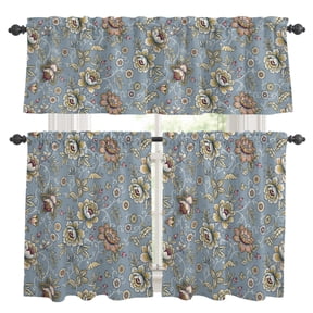 Damask Florals Window Curtains Valance Set of 3 Yellow Ornate Vines Buds Pattern Dusty Blue Background Rod Pocket Small Kitchen Curtain, Soft Window Treatment for Bedroom Party Holiday Decor