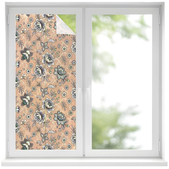 Damask Florals Window Privacy Film Beige Gray Ornate Vines Buds Pale Ochre Background Decorative Glass Window Film UV Blocking Static Cling Sticker Covering for Home Door 17.7 x 39.3 inches