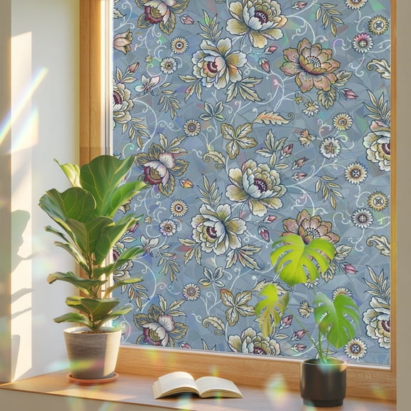Damask Florals Window Privacy Film Rainbow Static Cling Stain Glass Window Film for Glass Door, Decorative Sunroof Decal Sticker for Car 17.7"x39.3" Vintage Vines Daisy Leaves Plants Grey Blue