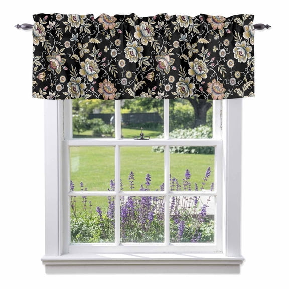 Damask Florals Window Valance for Kitchen, Retro Flower Yellow Ornate Vines Buds Black Background Rod Pocket Short Curtains for Small Windows, Light Filtering Decorative Valances, 42 x 18 Inches