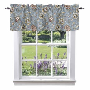 Damask Florals Window Valance for Kitchen, Yellow Ornate Vines Buds Pattern Dusty Blue Background Rod Pocket Short Curtains for Small Windows, Light Filtering Decorative Valances, 42 x 18 Inches