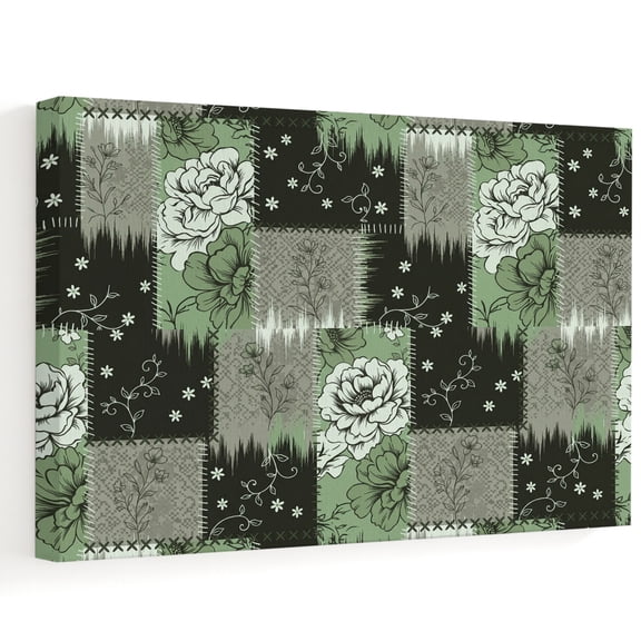 Damask Flower Canvas Wall Art, Rustic Chestnut Sage Green Floral Blocks Vintage Wall Art Prints Artwork Framed Canvas Ready to Hang Art Pictures for Bathroom, Dressing Table, Entryway 12" x 8"