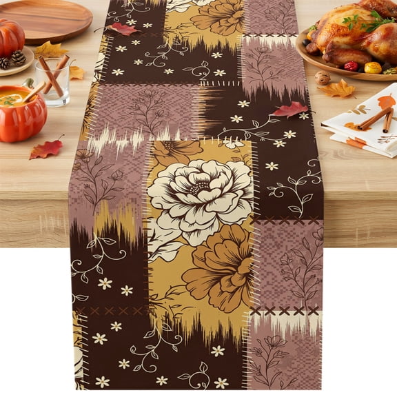 Damask Flower Table Runner, Rustic Chestnut Brown Floral Blocks Vintage Cotton Linen Kitchen Table Decoration Washable Dining Tabletop Runners for Home Party Decor 13x108 Inches