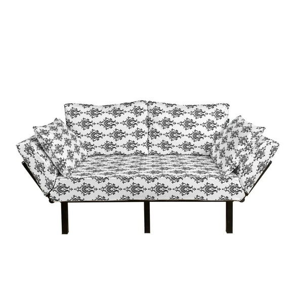 Damask Futon Couch, Baroque Style Victorian Renaissance Pattern with Effects Vintage Design, Daybed with Metal Frame Upholstered Sofa for Living Dorm, Loveseat, Black White, by Ambesonne