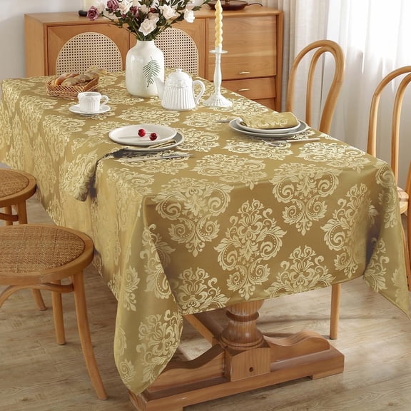 Damask Gold Tablecloth for Rectangle Tables Floral Jacquard Spill Proof Washable Polyester Table Cloth, Soft Table Cover for Dining/Party/Wedding/Indoor/Outdoor
