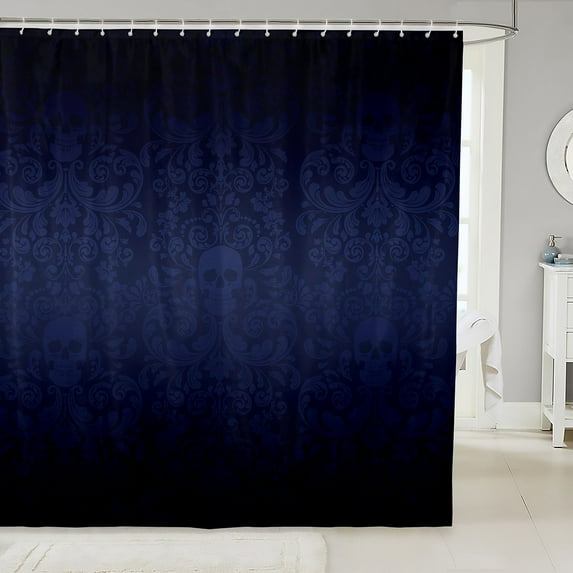 Damask Gothic Bathroom Accessories Adults Antique Victorian Shower Curtain Set 72"Wx72"L,Black and Blue Sugar Skull Vintage Baroque Floral Goth Bath Curtain