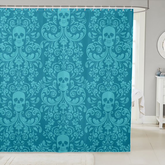 Damask Gothic Bathroom Accessories Adults Antique Victorian Shower Curtain Set 72"Wx72"L,Cyan Blue Sugar Skull Vintage Baroque Floral Goth Bath Curtain