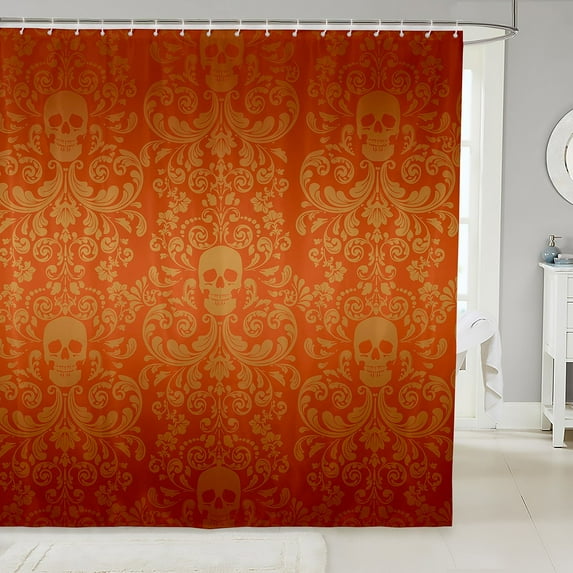 Damask Gothic Bathroom Accessories Adults Antique Victorian Shower Curtain Set 72"Wx72"L,Orange Sugar Skull Vintage Baroque Floral Goth Bath Curtain