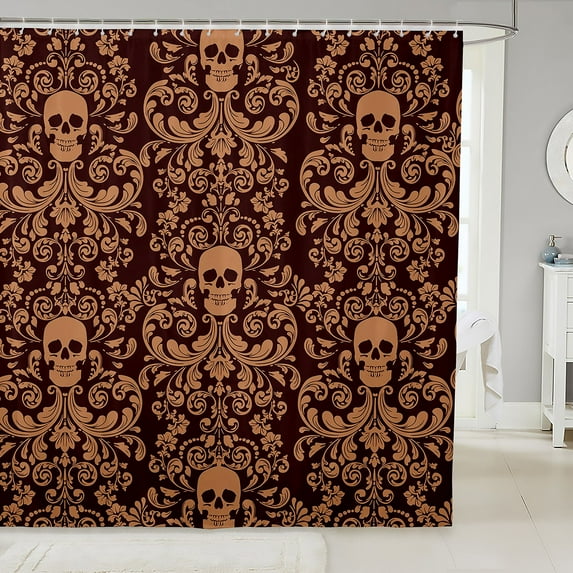Damask Gothic Bathroom Accessories Adults Antique Victorian Shower Curtain Set 72"Wx84"L,Dark Brown Sugar Skull Vintage Baroque Floral Goth Bath Curtain