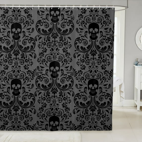 Damask Gothic Bathroom Shower Curtain Adults Antique Victorian Fabric Shower Curtain 72"Wx84"L,Grey Black Sugar Skull Vintage Baroque Floral Goth Bath Curtain