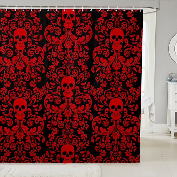 Damask Gothic Bathroom Shower Curtain Antique Victorian Fabric Shower Curtain 72"Wx78"L,Black Red Sugar Skull Vintage Flowers Goth Bath Curtain