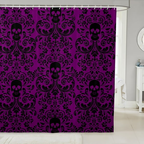Damask Gothic Bathroom Shower Curtain Antique Victorian Fabric Shower Curtain 72"Wx78"L,Magenta Black Sugar Skull Vintage Flowers Goth Bath Curtain