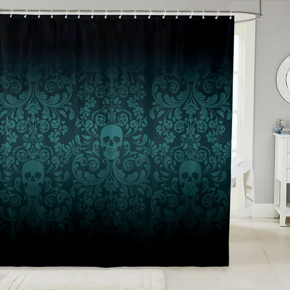 Damask Gothic Bathroom Shower Curtain Antique Victorian Fabric Shower Curtain 72"Wx72"L,Black Green Sugar Skull Vintage Baroque Floral Goth Bath Curtain
