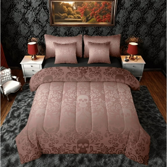 Damask Gothic Bedding Set Adults Antique Victorian 7 Piece Comforter Set Full Bed in a Bag,Beige Red Sugar Skull Sheet Set Vintage Flowers Goth Bed Set,Exotic Bone Skeleton Bohemian Baroque Decor