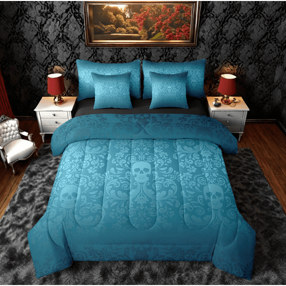 Damask Gothic Bedding Set Adults Antique Victorian 7 Piece Comforter Set Full Bed in a Bag,Teal Sugar Skull Sheet Set Vintage Flowers Goth Bed Set,Exotic Bone Skeleton Bohemian Baroque Decor