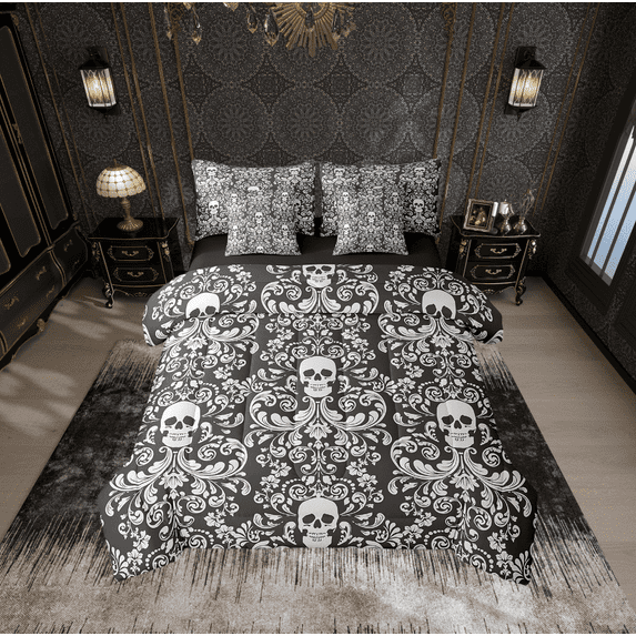 Damask Gothic Bedding Set Adults Antique Victorian Bed in a Bag King Size Comforter Set 7 Pieces,Black Grey Sugar Skull Sheet Set Vintage Floral Goth Bed Set,Exotic Bone Skeleton Bohemian Decor