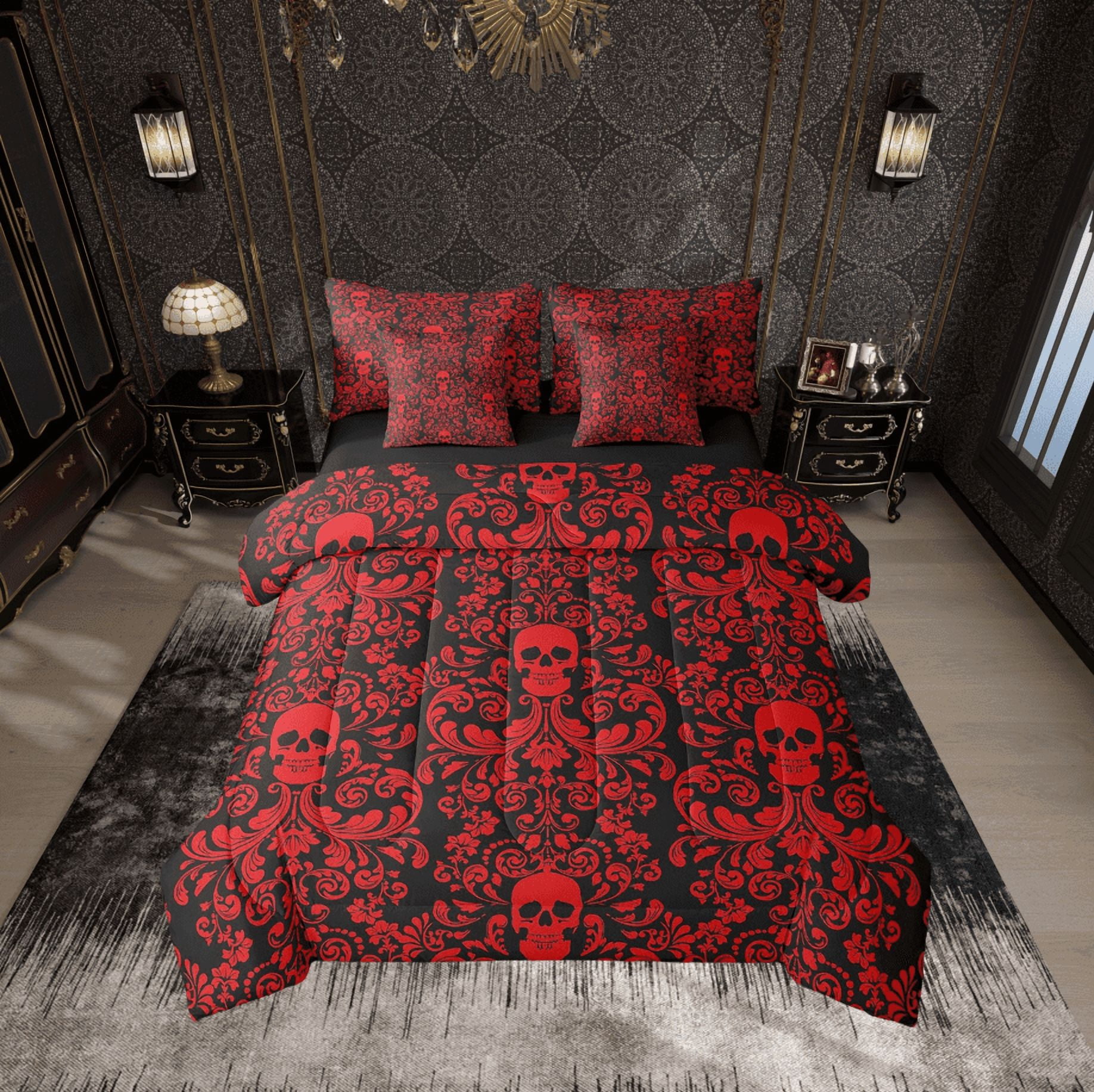 Damask Gothic Bedding Set Adults Antique Victorian Bed in a Bag King Size Comforter Set 7 Pieces,Black Red Sugar Skull Sheet Set Vintage Floral Goth Bed Set