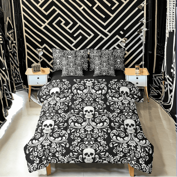 Damask Gothic Bedding Set Adults Antique Victorian Bed in a Bag King Size Comforter Set 7 Pieces,Black White Sugar Skull Sheet Set Vintage Floral Goth Bed Set,Exotic Bone Skeleton Bohemian Decor