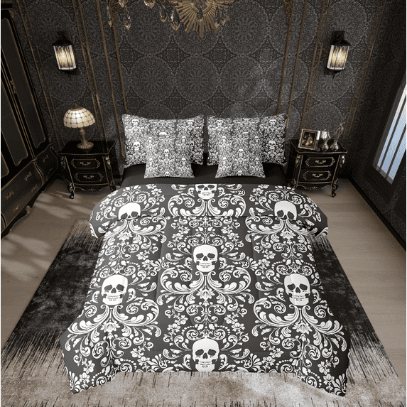 Damask Gothic Bedding Set Adults Antique Victorian Bed in a Bag King Size Comforter Set 7 Pieces,Black and White Sugar Skull Sheet Set Vintage Floral Goth Bed Set,Exotic Bone Skeleton Bohemian Decor