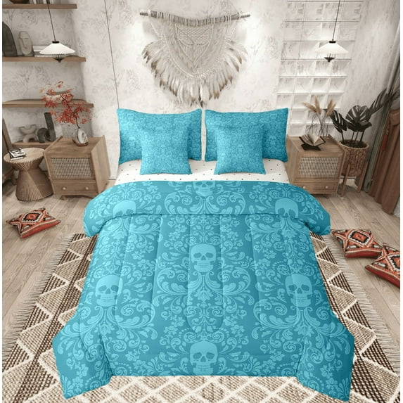 Damask Gothic Bedding Set Adults Antique Victorian Bed in a Bag King Size Comforter Set 7 Pieces,Cyan Blue Sugar Skull Sheet Set Vintage Floral Goth Bed Set,Exotic Bone Skeleton Bohemian Decor