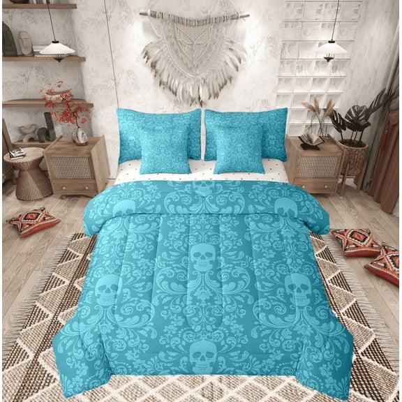 Damask Gothic Bedding Set Adults Antique Victorian Bed in a Bag King Size Comforter Set 7 Pieces,Cyan Blue Sugar Skull Sheet Set Vintage Floral Goth Bed Set,Exotic Bone Skeleton Bohemian Decor