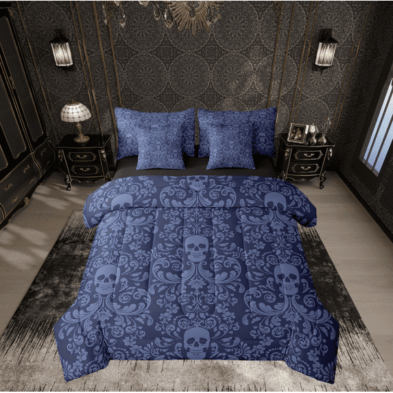 Damask Gothic Bedding Set Adults Antique Victorian Bed in a Bag King Size Comforter Set 7 Pieces,Dark Blue Sugar Skull Sheet Set Vintage Floral Goth Bed Set,Exotic Bone Skeleton Bohemian Decor
