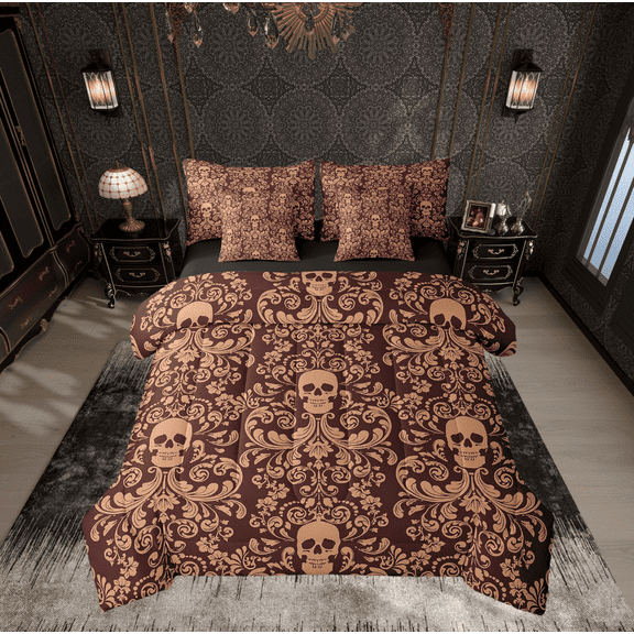 Damask Gothic Bedding Set Adults Antique Victorian Bed in a Bag King Size Comforter Set 7 Pieces,Dark Brown Sugar Skull Sheet Set Vintage Floral Goth Bed Set,Exotic Bone Skeleton Bohemian Decor