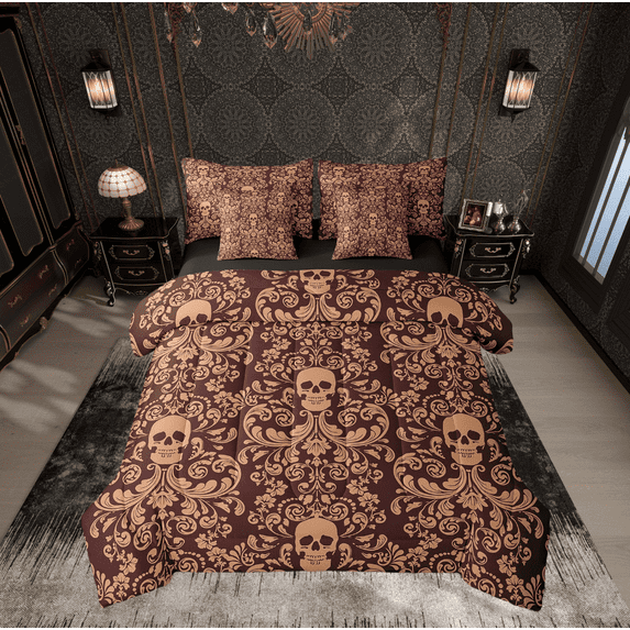 Damask Gothic Bedding Set Adults Antique Victorian Bed in a Bag King Size Comforter Set 7 Pieces,Dark Brown Sugar Skull Sheet Set Vintage Floral Goth Bed Set,Exotic Bone Skeleton Bohemian Decor