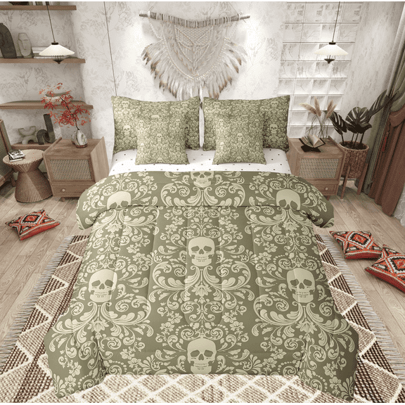 Damask Gothic Bedding Set Adults Antique Victorian Bed in a Bag King Size Comforter Set 7 Pieces,Green Beige Sugar Skull Sheet Set Vintage Floral Goth Bed Set,Exotic Bone Skeleton Bohemian Decor