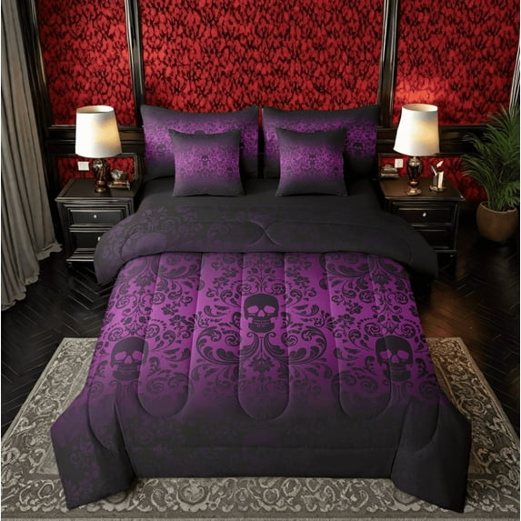Damask Gothic Bedding Set Adults Antique Victorian Bed in a Bag King Size Comforter Set 7 Pieces,Lilac Purple Sugar Skull Sheet Set Vintage Floral Goth Bed Set,Bone Skeleton Bohemian Decor