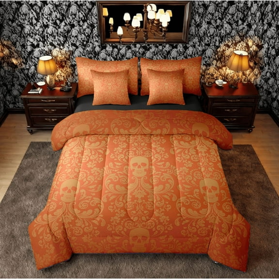 Damask Gothic Bedding Set Adults Antique Victorian Bed in a Bag King Size Comforter Set 7 Pieces,Orange Sugar Skull Sheet Set Vintage Floral Goth Bed Set,Exotic Bone Skeleton Bohemian Baroque Decor
