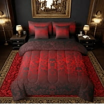 Damask Gothic Bedding Set Adults Antique Victorian Bed in a Bag King Size Comforter Set 7 Pieces,Red and Black Sugar Skull Sheet Set Vintage Floral Goth Bed Set,Exotic Bone Skeleton Bohemian Decor