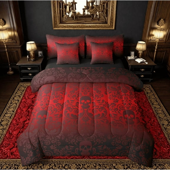 Damask Gothic Bedding Set Adults Antique Victorian Bed in a Bag King Size Comforter Set 7 Pieces,Red and Black Sugar Skull Sheet Set Vintage Floral Goth Bed Set,Bone Skeleton Bohemian Decor