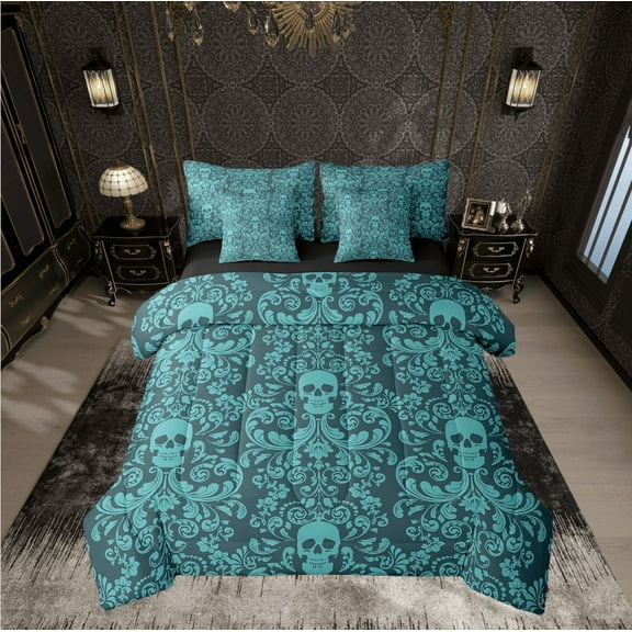 Damask Gothic Bedding Set Adults Antique Victorian Bed in a Bag King Size Comforter Set 7 Pieces,Turquoise Sugar Skull Sheet Set Vintage Floral Goth Bed Set,Exotic Bone Skeleton Bohemian Decor